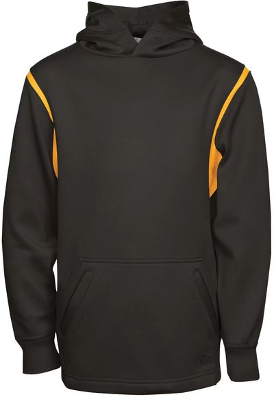 Am image of a Custom ATC Ptech Fleece Varcity Hooded Youth Sweatshirt in Black/Gold!
