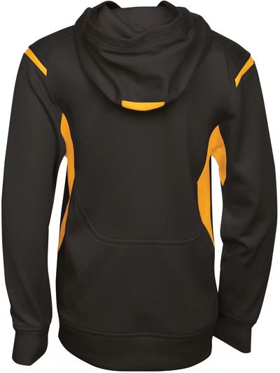 Am image of a Custom ATC Ptech Fleece Varcity Hooded Youth Sweatshirt in Black/Gold!