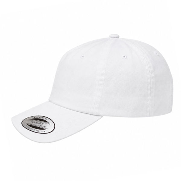 An image of a Custom ATC Yupoong YP Classics Cotton Twill Dad Cap in White!