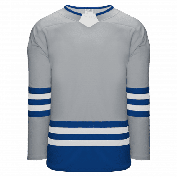 An image of a Custom Athletic Knit Hockey Jersey in Grey/Royal/White!