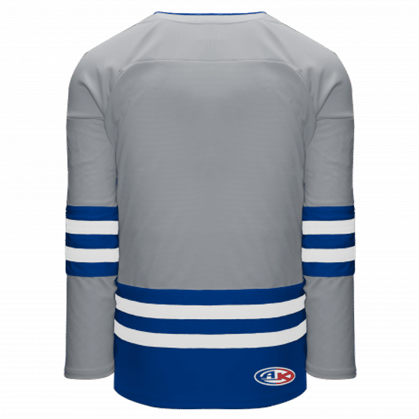An image of a Custom Athletic Knit Hockey Jersey in Grey/Royal/White!
