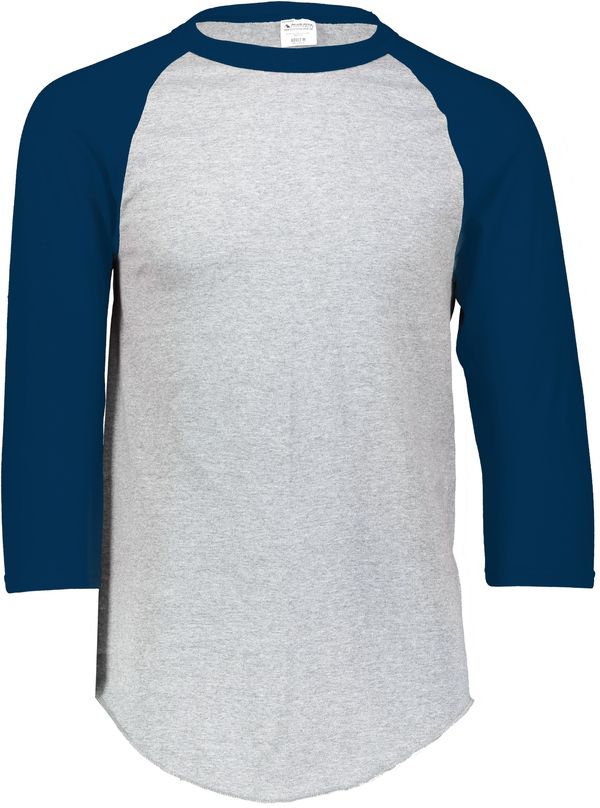An image of a Custom Augusta Baseball Sleeve Tee 2 in Athletic Heather/Navy!
