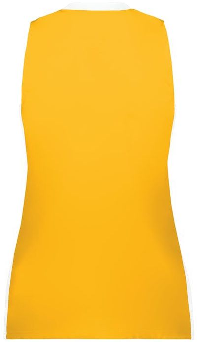 Am image of a Custom Augusta Sportswear Ladies Match Up Basketball Jersey in Gold/White!