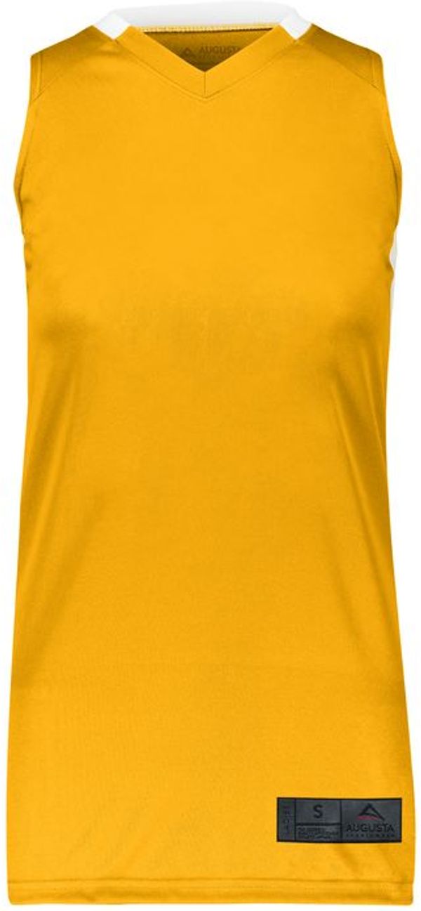 Am image of a Custom Augusta Sportswear Ladies Step Back Basketball Jersey in Gold/White!