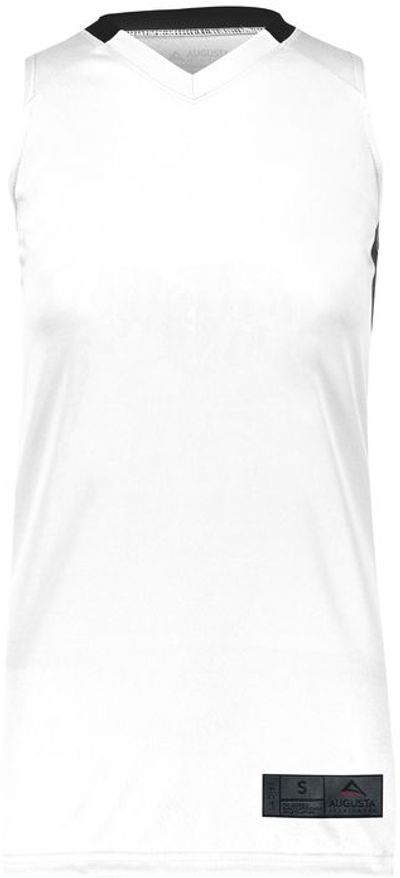 Am image of a Custom Augusta Sportswear Ladies Step Back Basketball Jersey in White/Black!