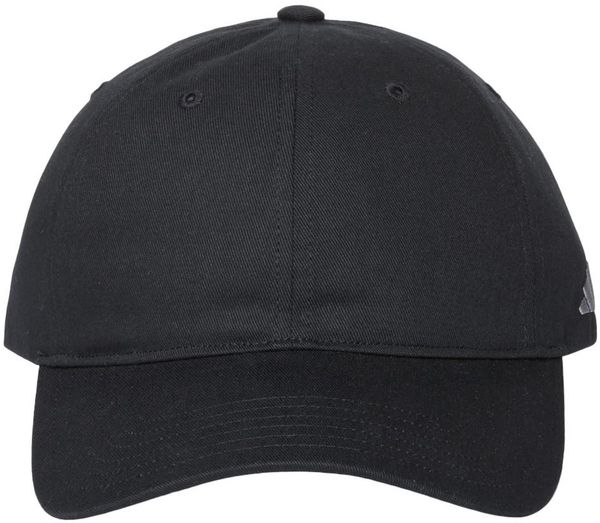 Am image of a Custom Adidas Sustainable Organic Relaxed Cap in black!