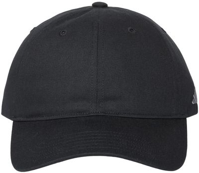 Am image of a Custom Adidas Sustainable Organic Relaxed Cap in black!