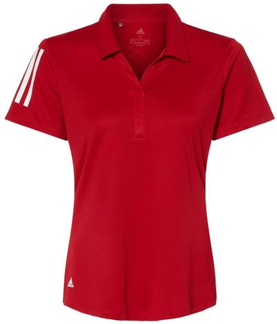 Am image of a Custom Adidas Women's Floating 3 Stripes Polo in Team Power Red/White!