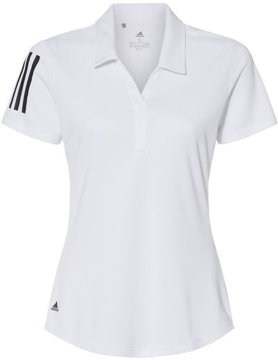 Am image of a Custom Adidas Women's Floating 3 Stripes Polo in White/Black!