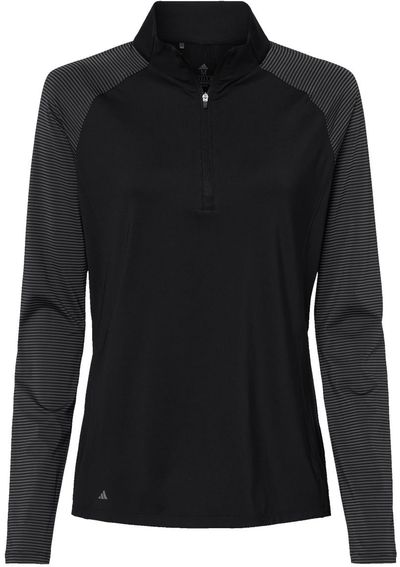 Am image of a Custom Adidas Womens Stripe Block Quarter Zip Pullover in Black!