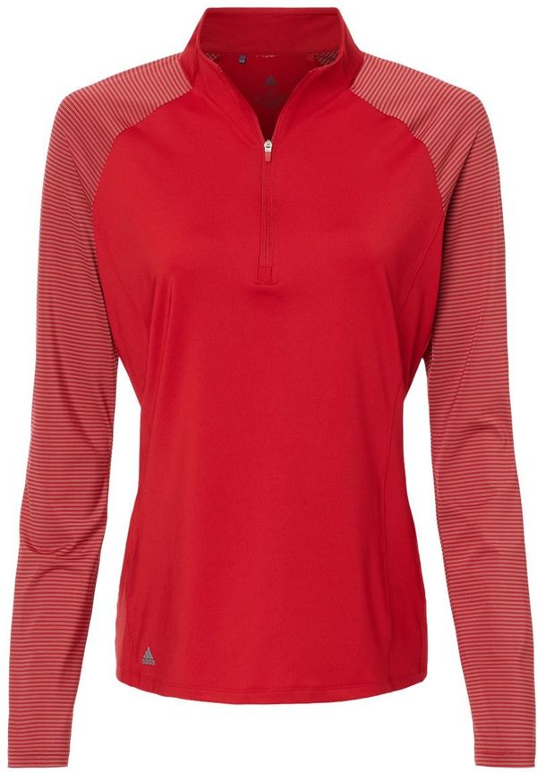 Am image of a Custom Adidas Womens Stripe Block Quarter Zip Pullover in Team Power Red!