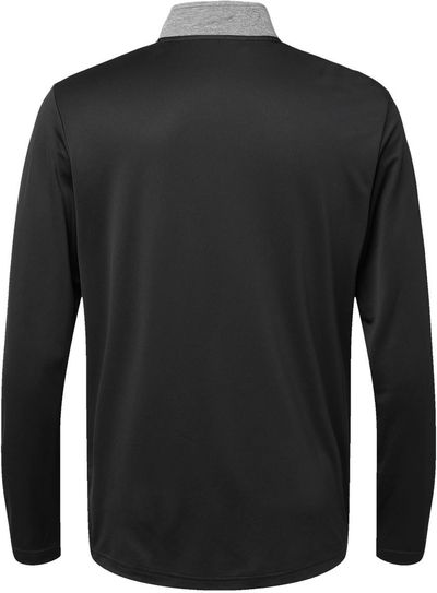 Am image of a Custom Adidas Heather Block Print Quarter Zip Pullover in Black Melange/Black/Grey Three!