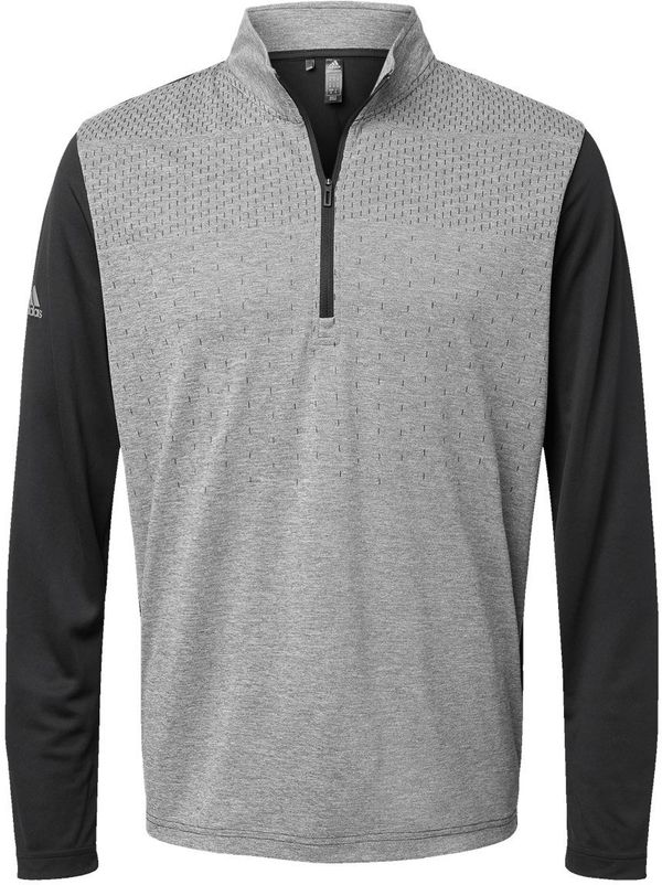 Am image of a Custom Adidas Heather Block Print Quarter Zip Pullover in Black Melange/Black/Grey Three!