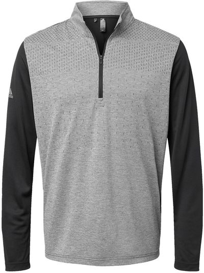Am image of a Custom Adidas Heather Block Print Quarter Zip Pullover in Black Melange/Black/Grey Three!