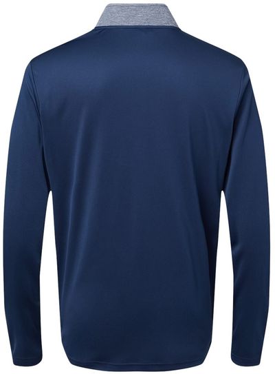 Am image of a Custom Adidas Heather Block Print Quarter Zip Pullover in Collegiate Navy Melange/Navy/Grey Three!