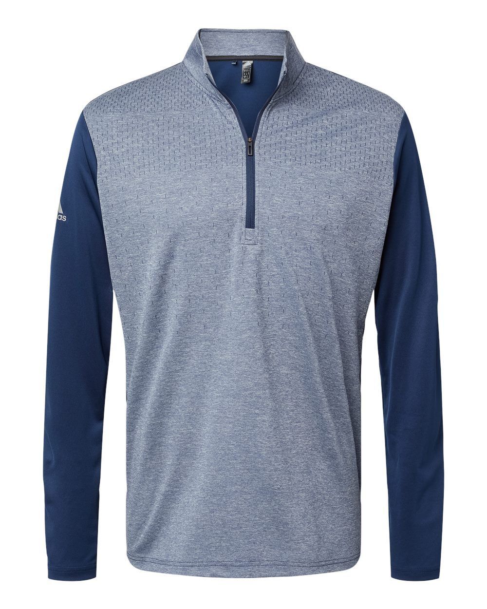 Adidas Heather Block Print Quarter Zip Pullover in Collegiate Navy Melange/Navy/Grey Three
