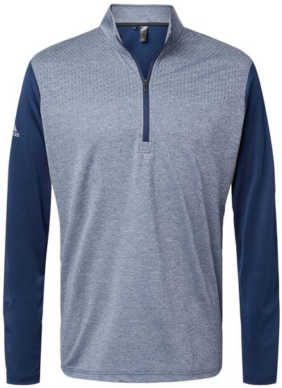 Am image of a Custom Adidas Heather Block Print Quarter Zip Pullover in Collegiate Navy Melange/Navy/Grey Three!