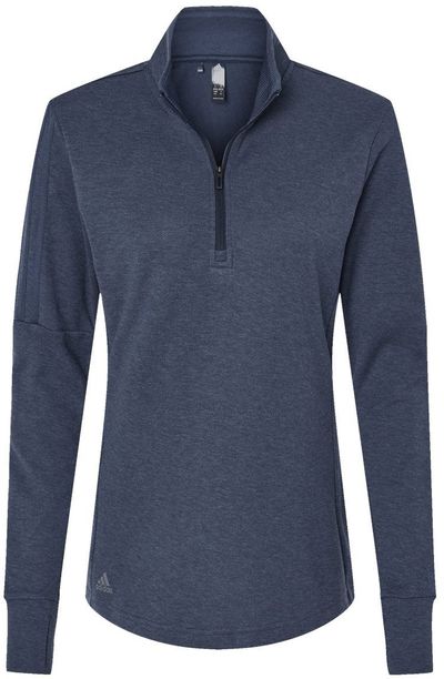 Am image of a Custom Adidas Womens 3 Stripes Quarter Zip Sweater in Collegiate Navy Melange!