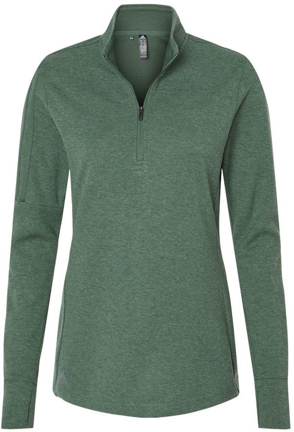 Am image of a Custom Adidas Womens 3 Stripes Quarter Zip Sweater in Green Oxide Melange!