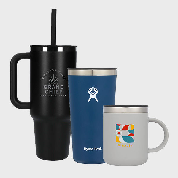 An image of custom drinkware such as tumblers, water bottles, mugs that you can print your logo on!