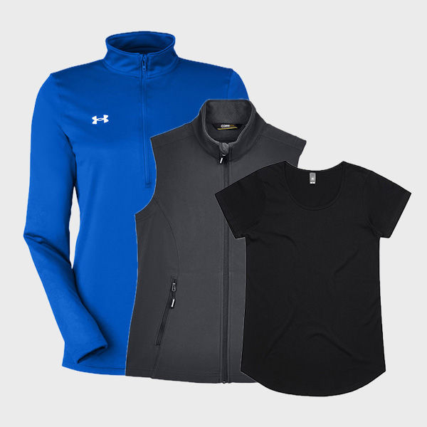 An image of a variety of custom ladies clothing that you can print your design on