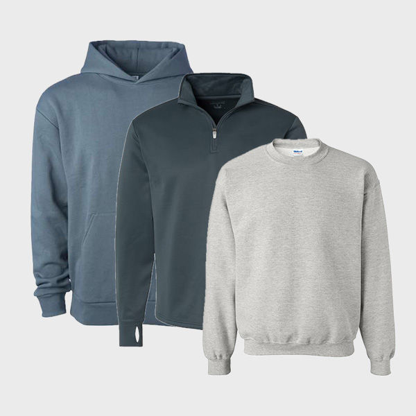 An image of a variety of custom hoodies and sweatshirts that you can print your design on!