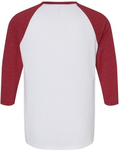 Am image of a Custom American Apparel  Unisex CVC Three Quarter Sleeve Tee in White/Heather Cardinal!