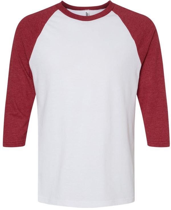 Am image of a Custom American Apparel  Unisex CVC Three Quarter Sleeve Tee in White/Heather Cardinal!