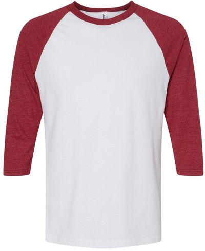 Am image of a Custom American Apparel  Unisex CVC Three Quarter Sleeve Tee in White/Heather Cardinal!