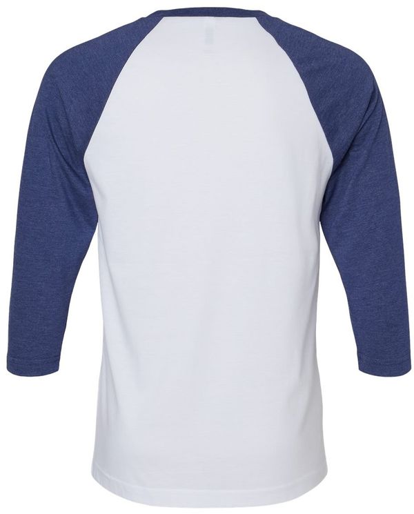 An image of a Custom American Apparel  Unisex CVC Three Quarter Sleeve Tee in White/Heather Indigo!