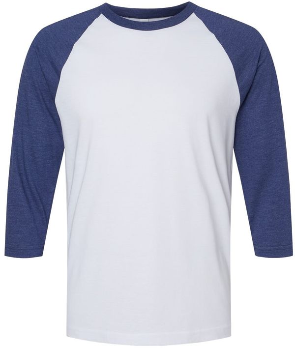 An image of a Custom American Apparel  Unisex CVC Three Quarter Sleeve Tee in White/Heather Indigo!