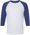 An image of a Custom American Apparel  Unisex CVC Three Quarter Sleeve Tee in White/Heather Indigo!