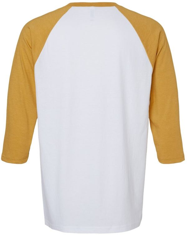Am image of a Custom American Apparel  Unisex CVC Three Quarter Sleeve Tee in White/Heather Mustard!