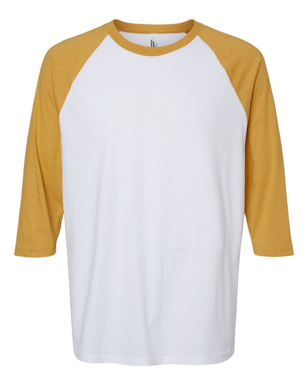 American Apparel  Unisex CVC Three Quarter Sleeve Tee in White/Heather Mustard