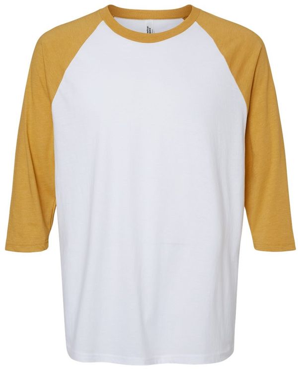 Am image of a Custom American Apparel  Unisex CVC Three Quarter Sleeve Tee in White/Heather Mustard!