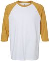 Am image of a Custom American Apparel  Unisex CVC Three Quarter Sleeve Tee in White/Heather Mustard!