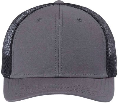 Am image of a Custom Atlantis Headwear Sustainable Recy Three Trucker Cap in Dark Grey/ Black!