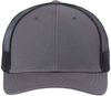 Am image of a Custom Atlantis Headwear Sustainable Recy Three Trucker Cap in Dark Grey/ Black!