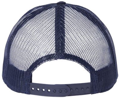 Am image of a Custom Atlantis Headwear Sustainable Recy Three Trucker Cap in Navy/Navy!