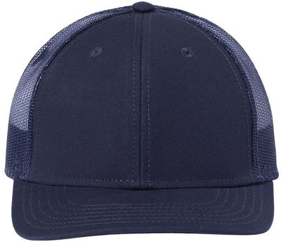 Am image of a Custom Atlantis Headwear Sustainable Recy Three Trucker Cap in Navy/Navy!