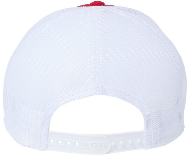 Am image of a Custom Atlantis Headwear Sustainable Recy Three Trucker Cap in Red/White!