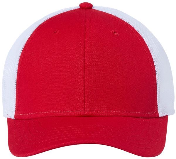 Am image of a Custom Atlantis Headwear Sustainable Recy Three Trucker Cap in Red/White!