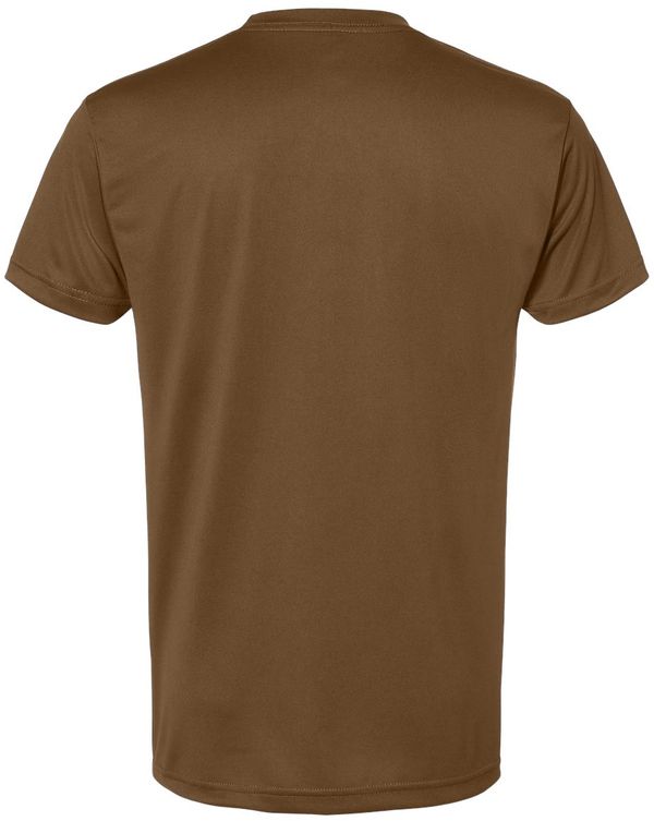 Am image of a Custom Bayside Performance T Shirt in Coyote Brown!