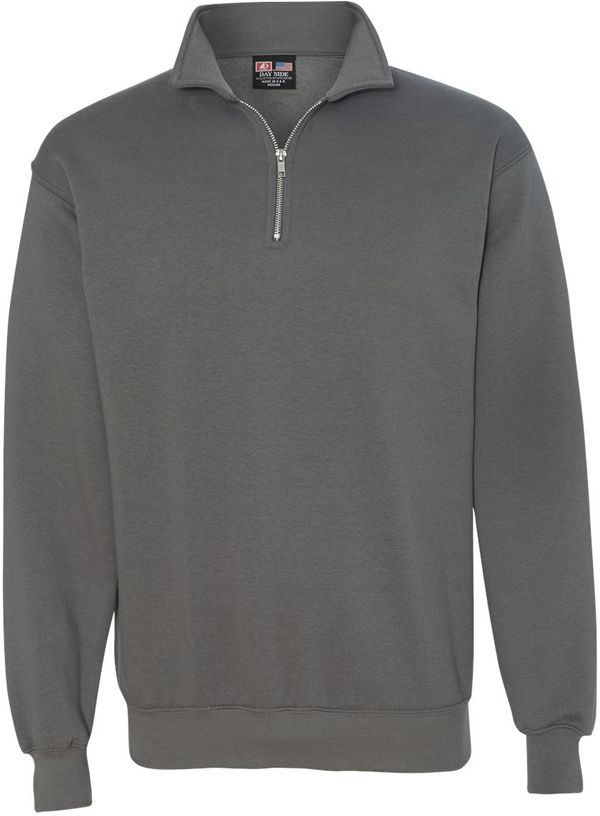 Am image of a Custom Bayside Quarter Zip Pullover Sweatshirt in Charcoal!