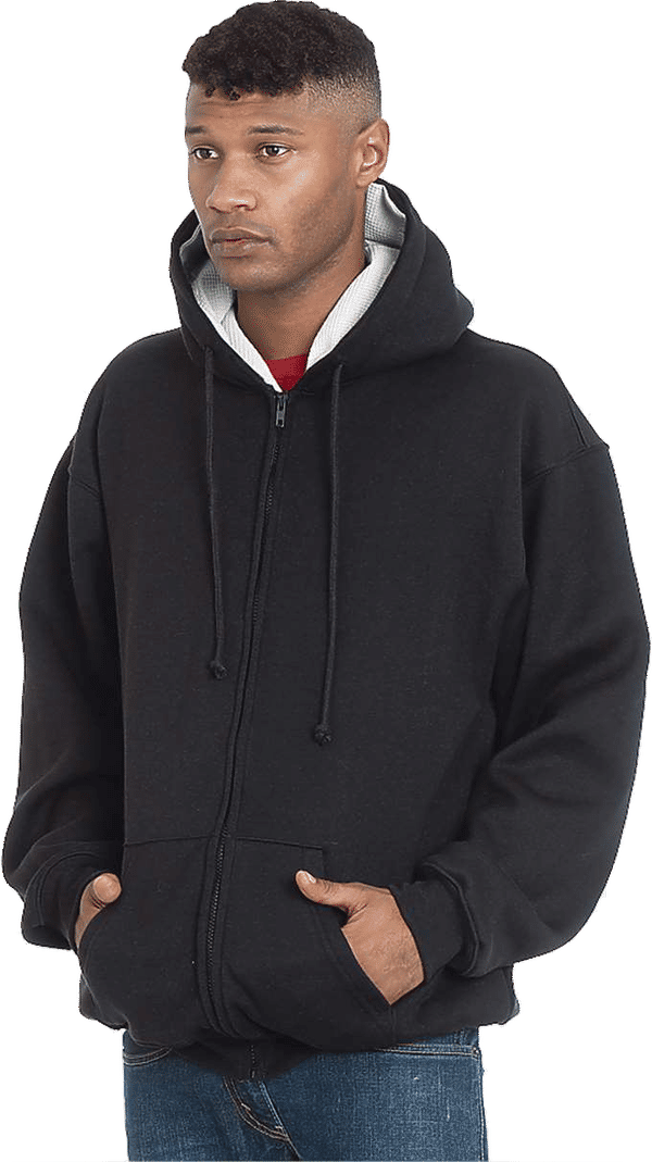 Am image of a Custom Bayside Super Heavy Thermal Lined Full Zip Hoodie in Black/Cream!