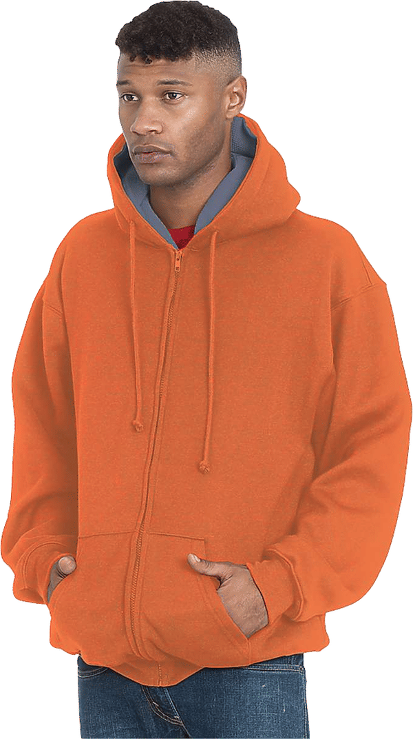 Am image of a Custom Bayside Super Heavy Thermal Lined Full Zip Hoodie in Bright Orange/Dark Grey!