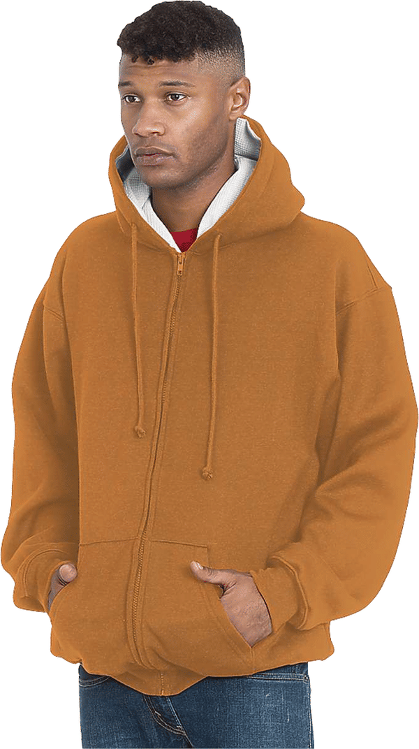 Am image of a Custom Bayside Super Heavy Thermal Lined Full Zip Hoodie in Caramel Brown/Cream!