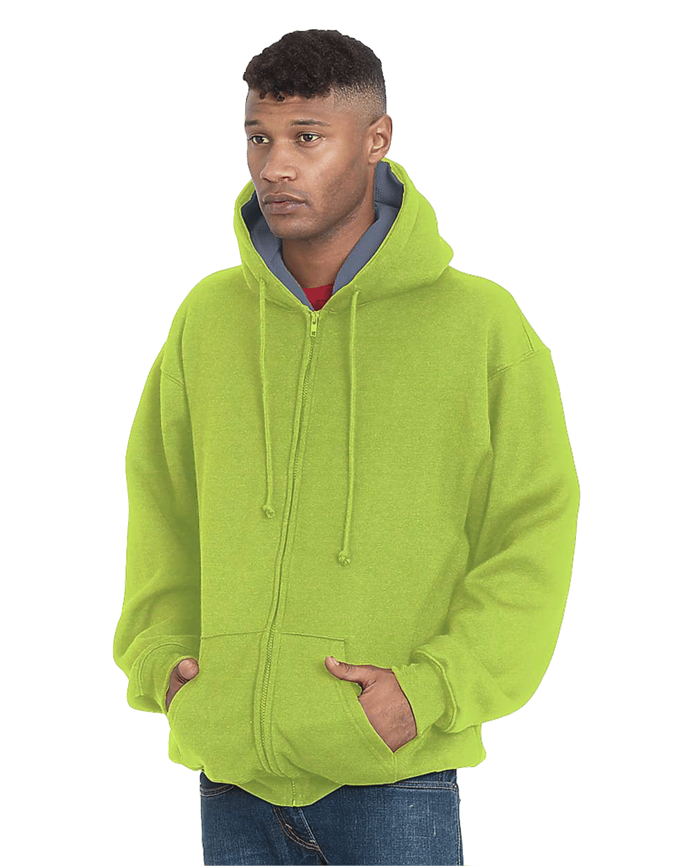 Bayside Super Heavy Thermal Lined Full Zip Hoodie in Lime Green/Dark Grey