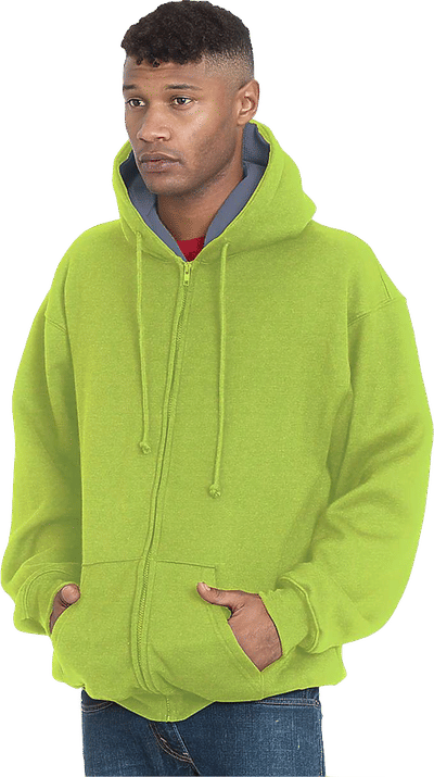 Am image of a Custom Bayside Super Heavy Thermal Lined Full Zip Hoodie in Lime Green/Dark Grey!