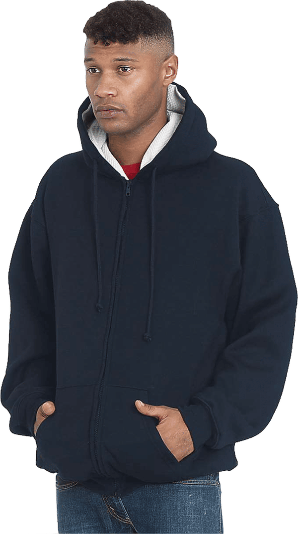 Am image of a Custom Bayside Super Heavy Thermal Lined Full Zip Hoodie in Navy/Cream!